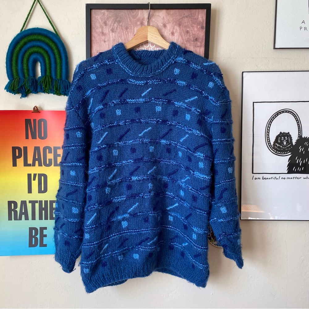 Vintage Hand Knit Blue Textured Patterned Pullover Crewneck Sweater M/L